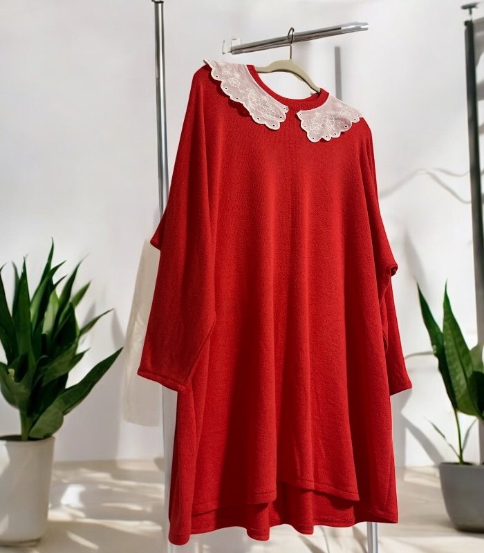 Handmade Red Tunic with Embroidered Collar, Muslim Clothing, Turkish Clothing, Modest, Fashion, Trend